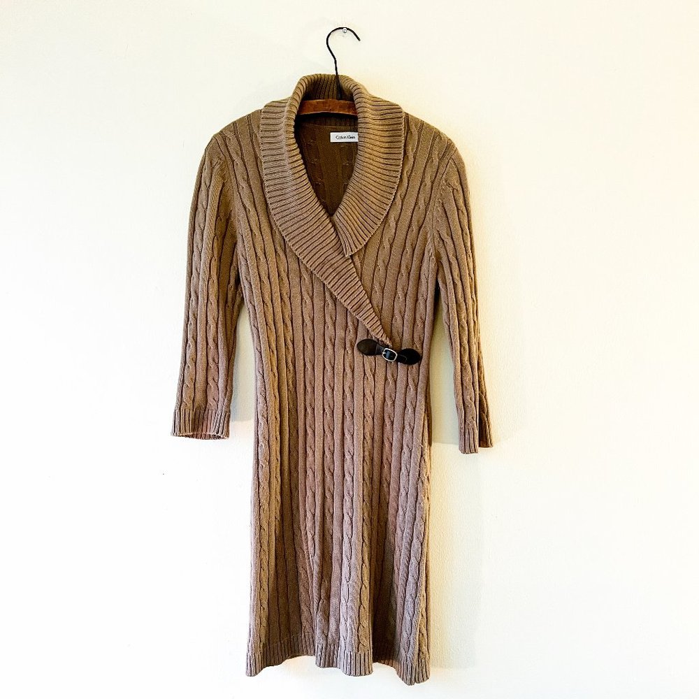 Cozy Calvin Klein Cable Knit Mini Sweater Dress Chestnut Brown M